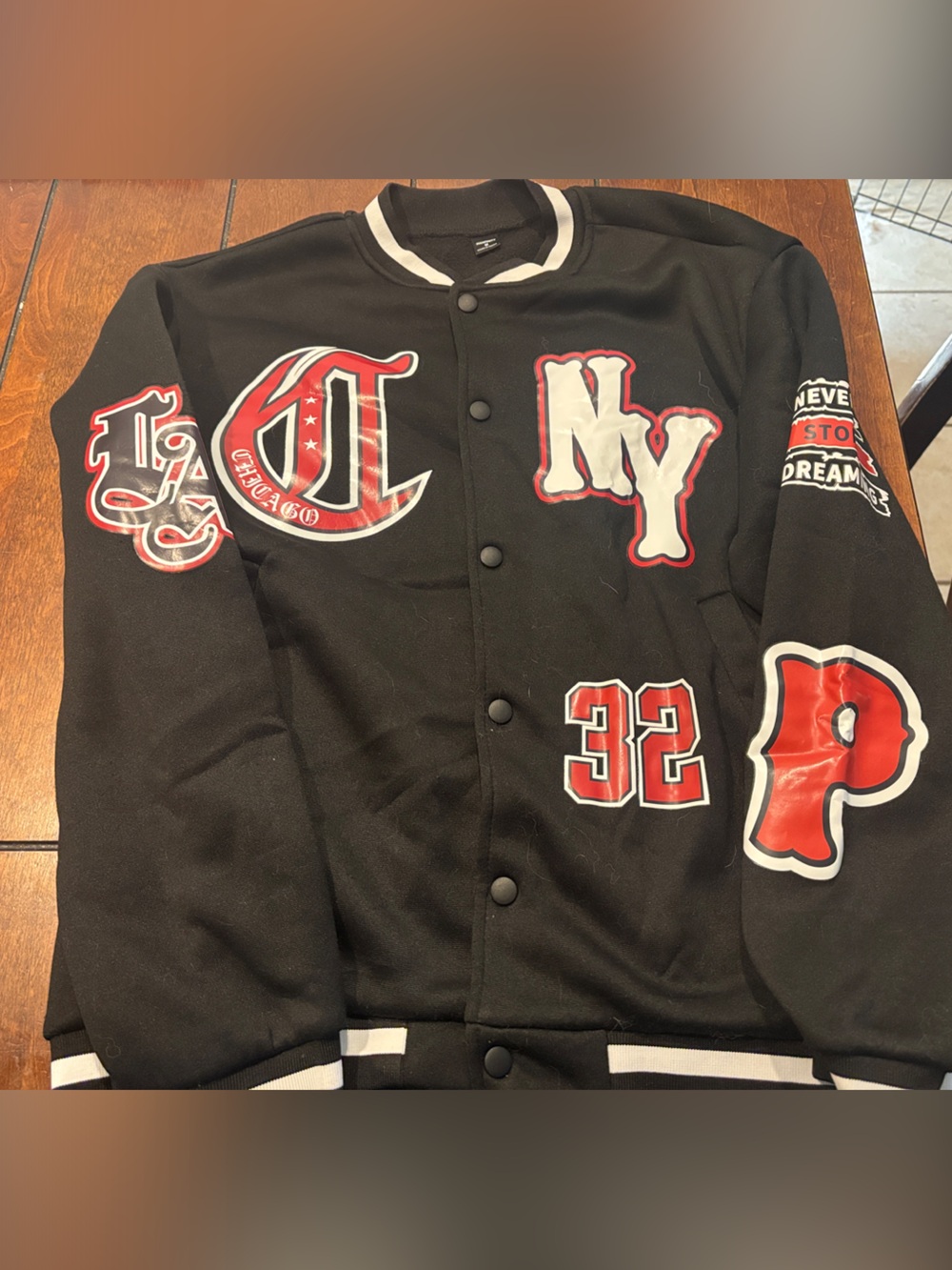 SHEIN Black Bomber Varsity Jacket with Red & White Patches